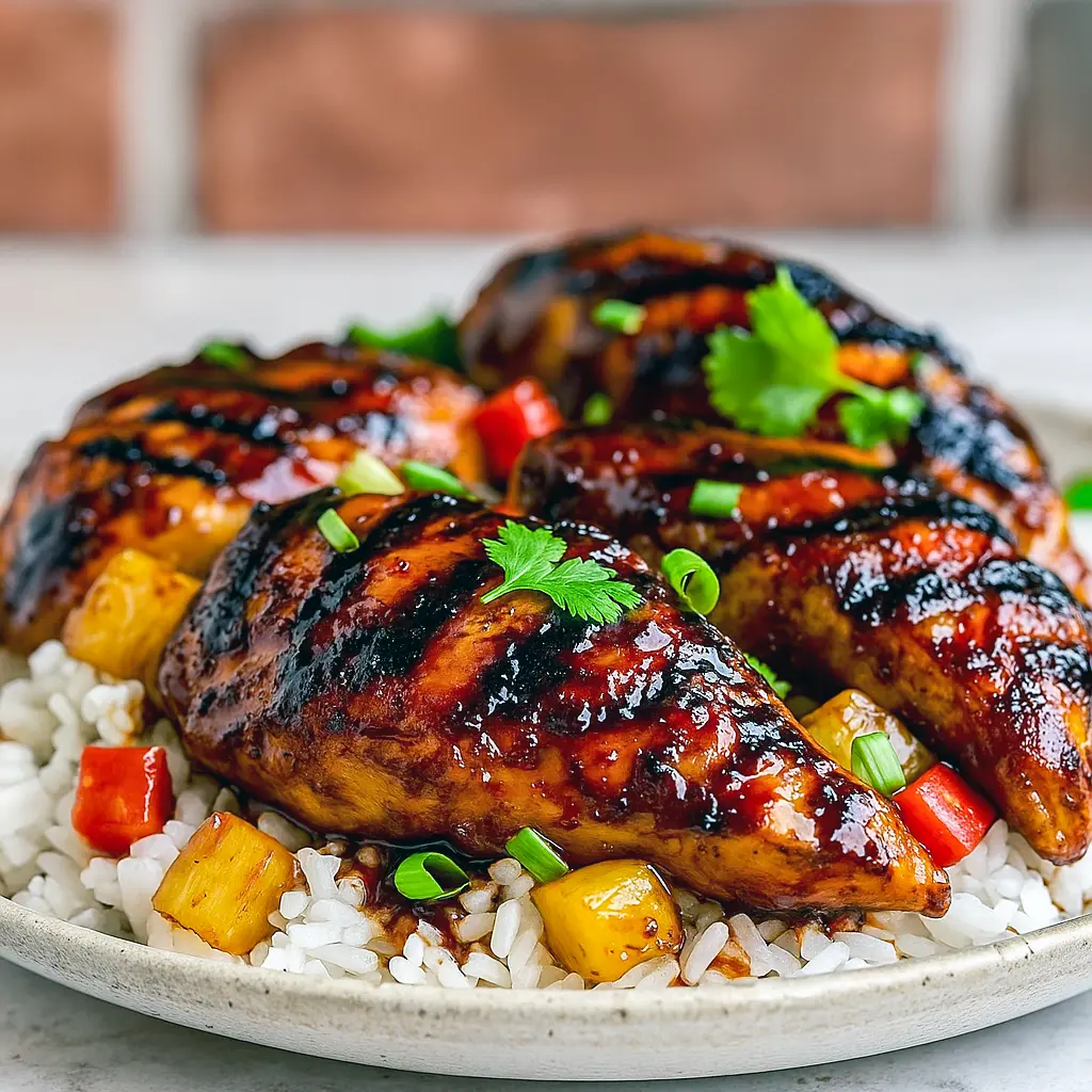 Grilled Huli Huli chicken with glossy pineapple-soy glaze, sliced and served over white rice with grilled pineapple and chopped green onions.