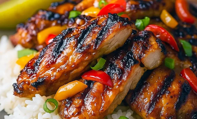 Grilled Huli Huli chicken with glossy pineapple-soy glaze, sliced and served over white rice with grilled pineapple and chopped green onions.