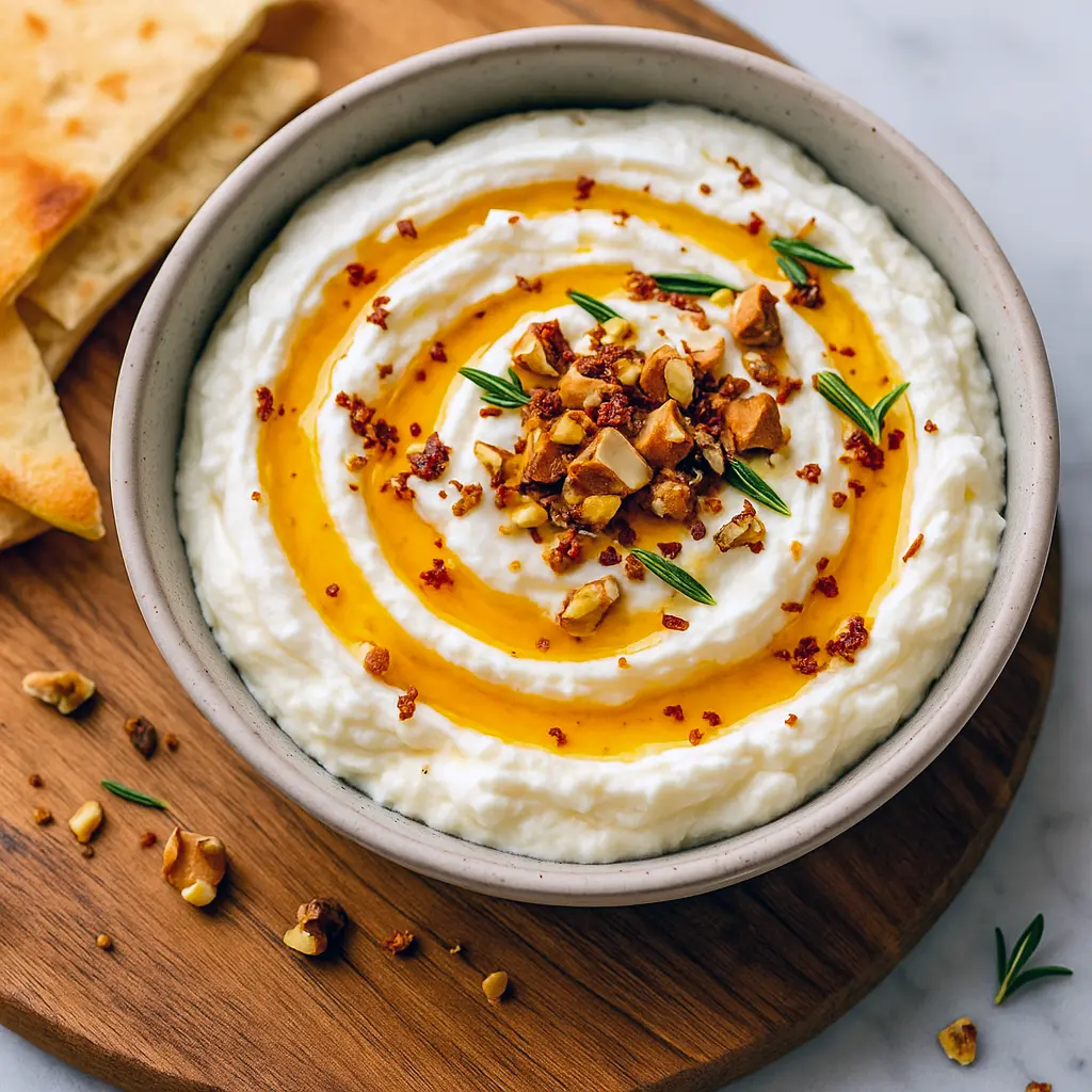 Bowl of whipped ricotta topped with hot honey drizzle, chopped walnuts, and rosemary, surrounded by toasted bread slices – perfect Pre Dinner Snack Ideas and easy Snacks To Bring To A Gathering for Girls Day Food, Fun Appetizers To Make, and casual Hosting Appetizers Entertaining or Meals For Party. Great as Hors D’oeuvres Ideas Easy, trendy East Coast Appetizers, or delicious Tapas Appetizers.