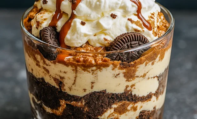 Close-up of a layered trifle in a glass bowl showing brownie chunks, creamy cheesecake filling, and Oreo crumbs — a tempting Oreo Trifle Recipe with a playful Cookie Dough Trifle nod for Trifles Desserts lovers; also reads clearly as an Oreo Trifle visual.