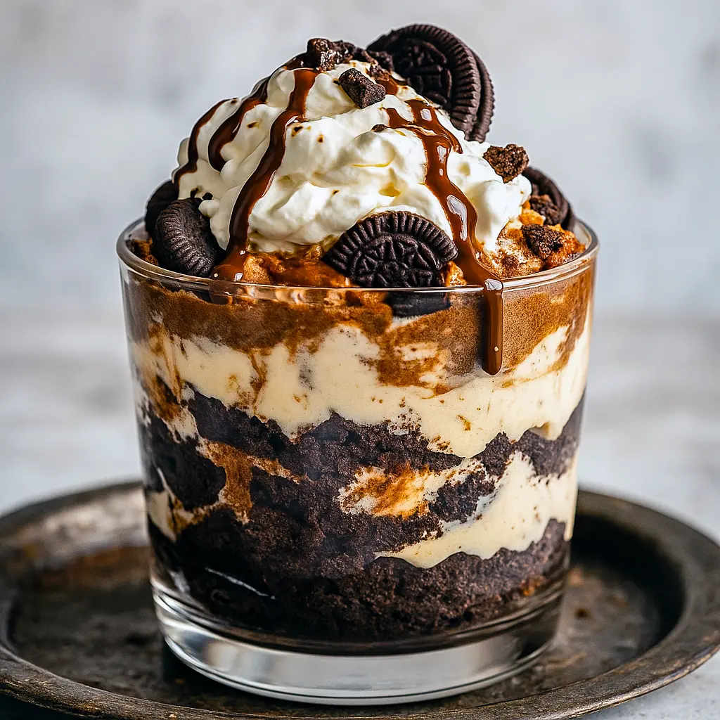 Close-up of a layered trifle in a glass bowl showing brownie chunks, creamy cheesecake filling, and Oreo crumbs — a tempting Oreo Trifle Recipe with a playful Cookie Dough Trifle nod for Trifles Desserts lovers; also reads clearly as an Oreo Trifle visual.