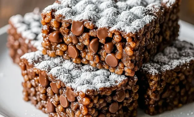 Bowl of chocolate-coated Rice Krispie Cereal coated in powdered sugar, looking like crunchy Rice Crispy Treats meets Classic Muddy Buddies, perfect for no-bake snacking.