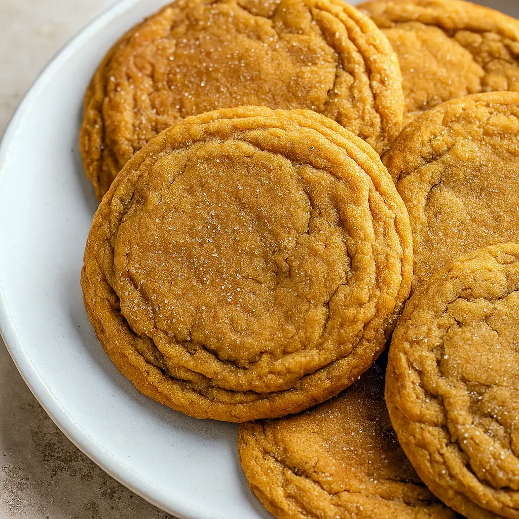 Overhead shot of a plate piled high with Chewy Pumpkin Snickerdoodle Cookies, rolled in cinnamon sugar and slightly cracked on top. Perfect for cozy baking, these Pumpkin Butter Cookies are a must for anyone looking for Fall Inspired Cookie Recipes or chewy, spiced Pumpkin Cookie ideas.