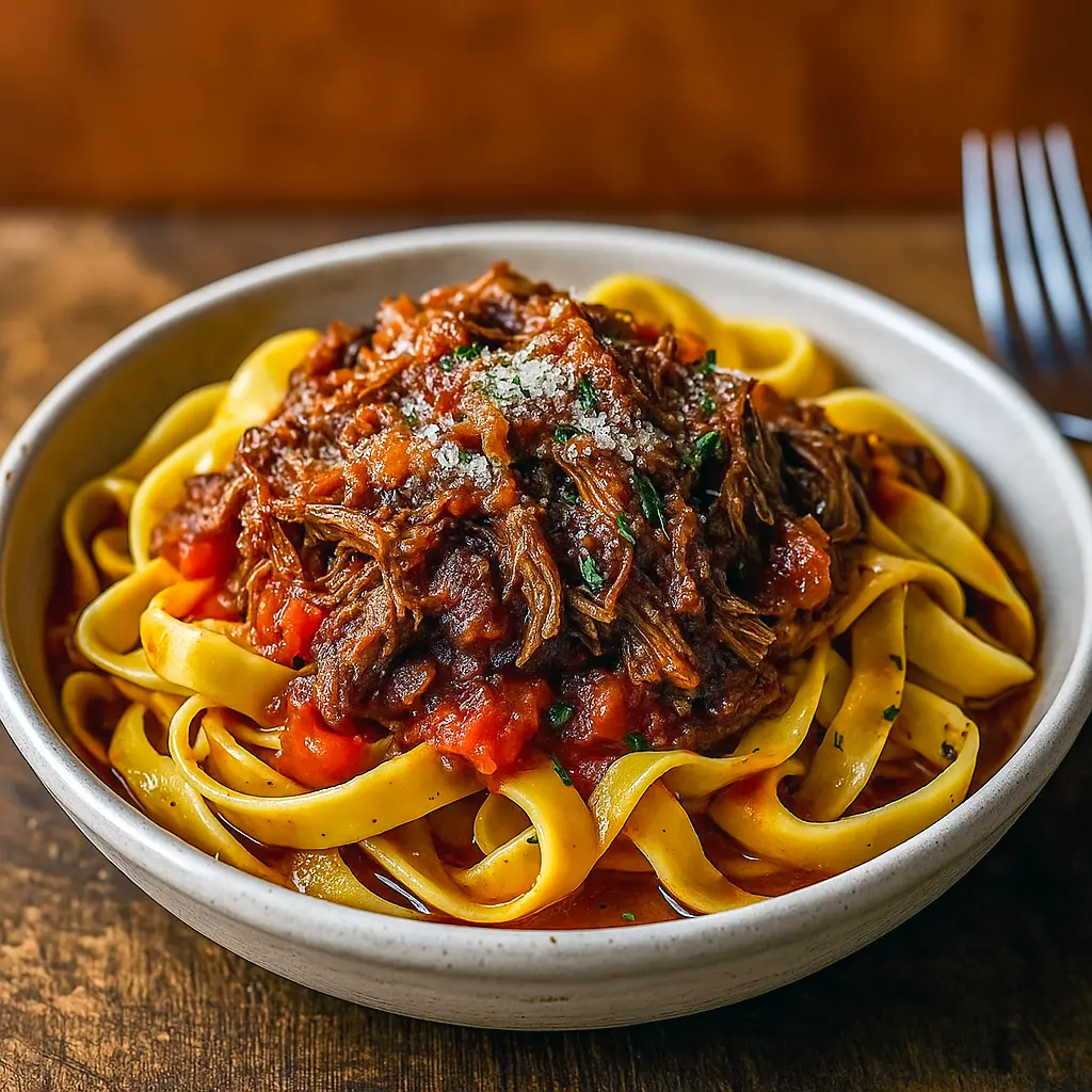 A bowl of pasta topped with rich Beef Ragu Recipe from a slow cooker, garnished with Parmesan and parsley, showcasing a comforting Slow Cooker Dinner perfect for hearty meals.
