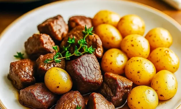 Slow-cooked garlic butter beef bites and baby potatoes served warm in a rustic bowl—an Easy Crockpot Dinner For 2 that’s perfect for cozy nights, Meal Prep For The Week Crockpot, or family-friendly meals.