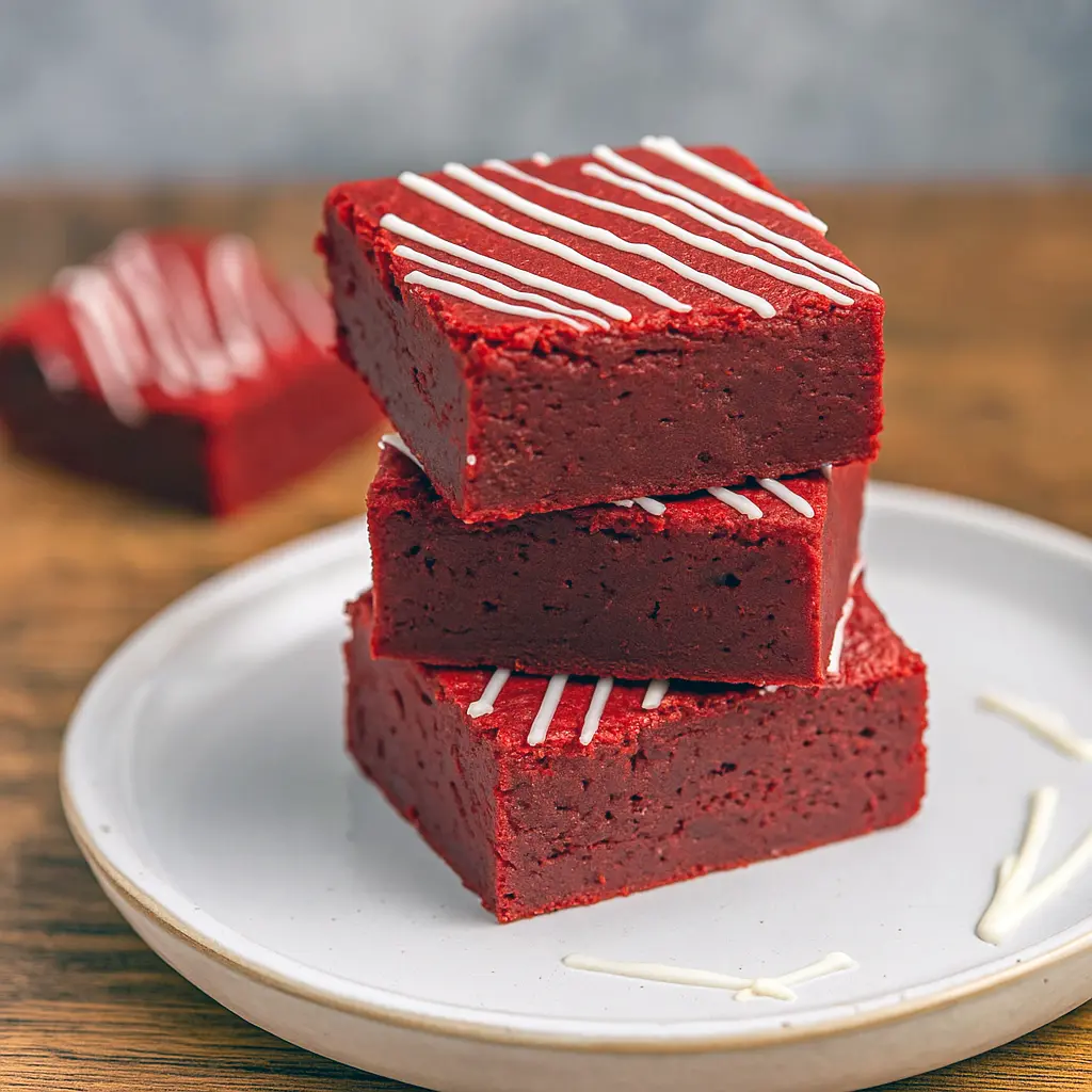 Stack of fudgy red velvet brownie squares with a crackly top, dusted with powdered sugar and drizzled with white chocolate — a cozy autumn treat.