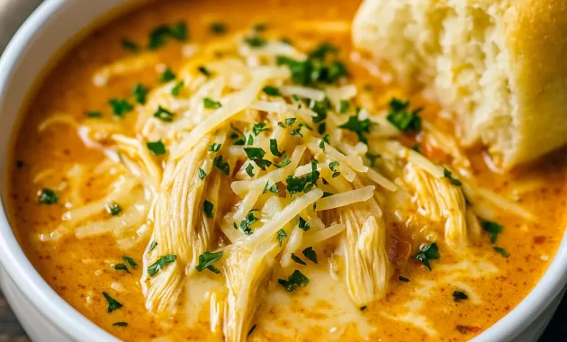 Bowl of creamy Parmesan chicken soup from Crock Soup Recipes, an Easy Chicken Soup Crockpot loaded with tender chicken, melted cheese, and herbs—perfect Crockpot Creamy Parmesan Soup, Creamy Parmesan Chicken Soup, Chicken Parm Soup Crockpot, Crockpot Creamy Chicken Parm Soup, Chicken Parmesan Soup Crockpot, Soup Crock Pot, and Creamy Parmesan Chicken Soup Crockpot.