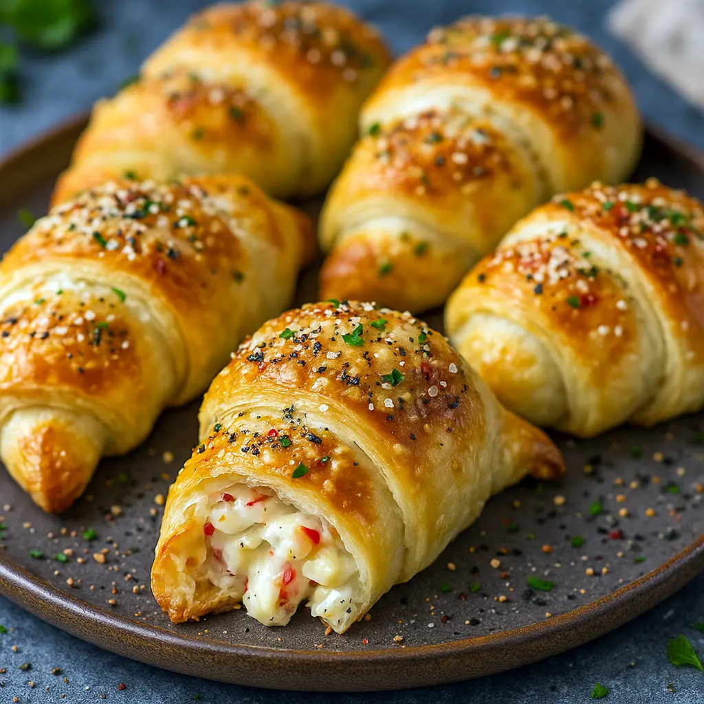 Golden brown Crab Filled Crescent Rolls on a parchment-lined tray, with creamy crab and cheese peeking out, sprinkled with fresh parsley – the perfect easy appetizer for parties and quick Crab Meals.