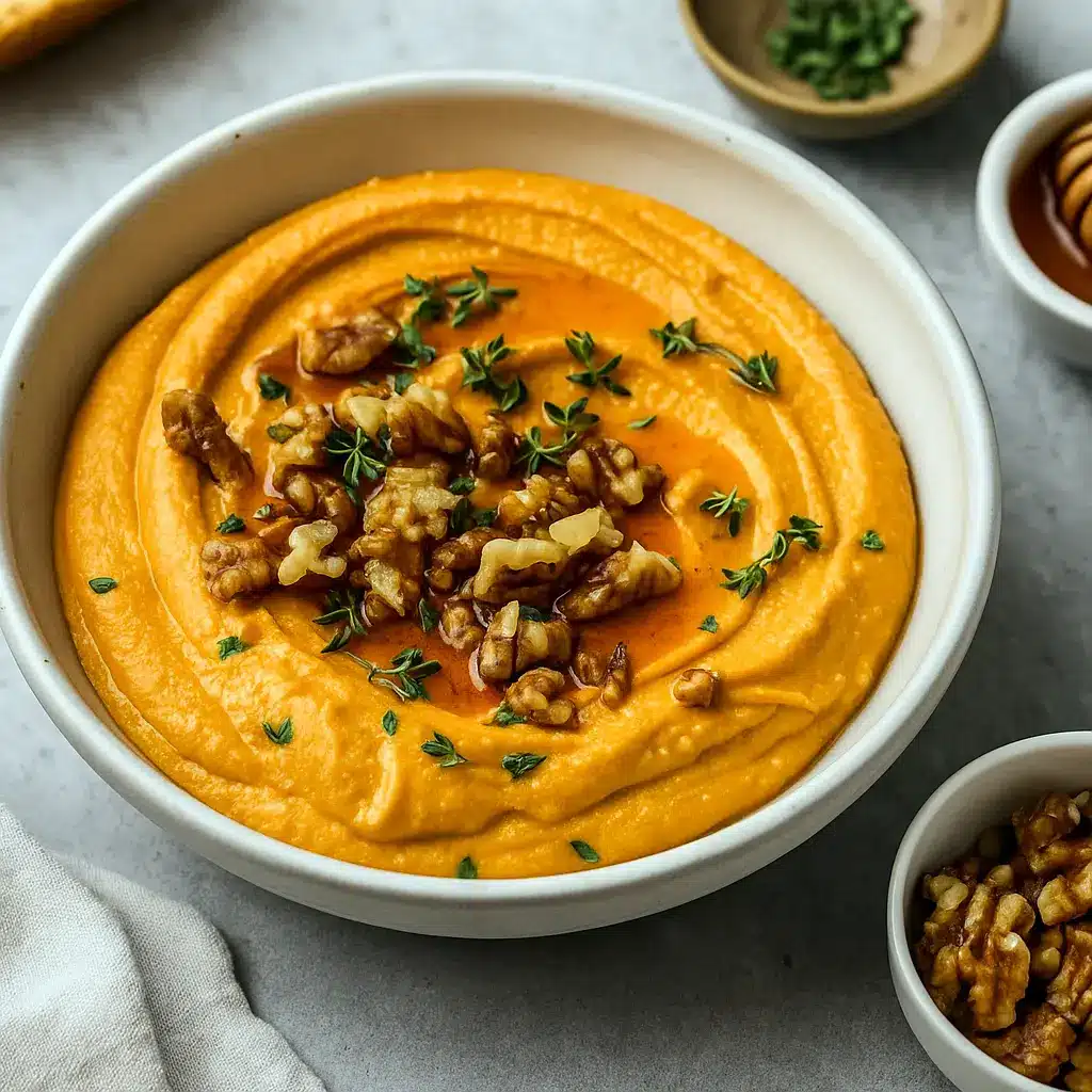 A bowl of creamy Whipped Feta And Pumpkin Dip topped with honey, walnuts, and thyme, surrounded by toasted bread and crackers—an elegant Autumn Finger Food perfect for Easy Thanksgiving Foods and festive gatherings.