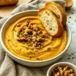 A bowl of creamy Whipped Feta And Pumpkin Dip topped with honey, walnuts, and thyme, surrounded by toasted bread and crackers—an elegant Autumn Finger Food perfect for Easy Thanksgiving Foods and festive gatherings.