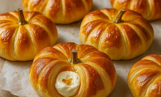 Tray of golden crescent pumpkins filled with cream cheese and spiced pumpkin filling, topped with pretzel stems and a dusting of cinnamon.
