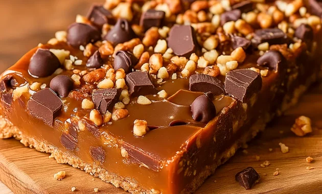 Delicious Caramel Chocolate Bars layered with Crispy Fudge, caramel, and chocolate, perfect as Chocolate Toffee Magic Layer Bars or Chocolate Cake Bars for dessert lovers.