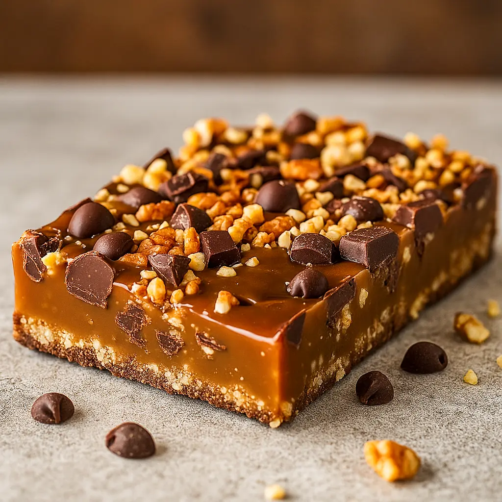 Delicious Caramel Chocolate Bars layered with Crispy Fudge, caramel, and chocolate, perfect as Chocolate Toffee Magic Layer Bars or Chocolate Cake Bars for dessert lovers.