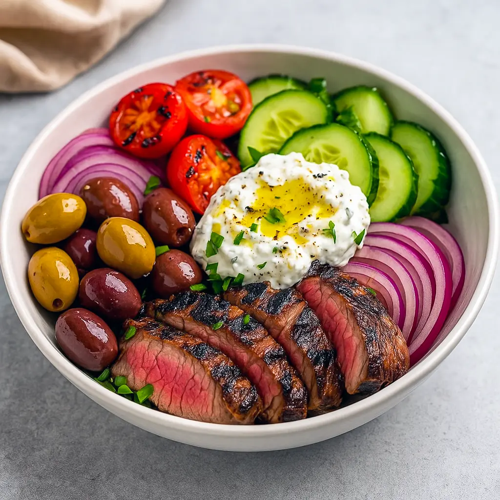 A vibrant Greek Steak Bowl featuring sliced sirloin, fresh cherry tomatoes, cucumber, olives, feta, and creamy tzatziki on a bed of grains—perfect Easy Healthy Weekday Dinners, Fast Mediterranean Recipes, and Healthy Dinner Recipes For Family Mediterranean.