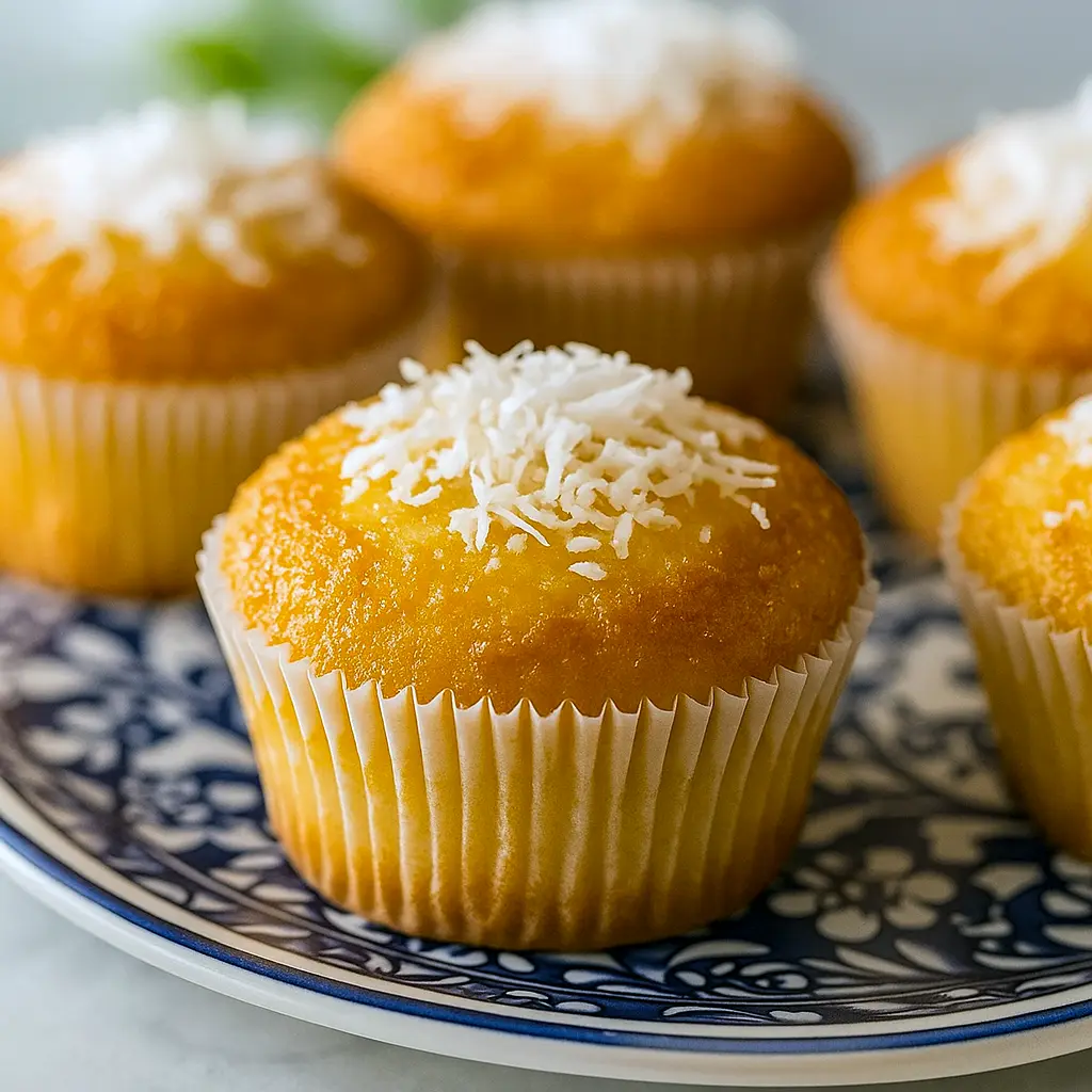 Close-up of a platter of golden coconut cakes with toasted coconut tops and tender centers — a must-try Coconut Recipe for bakers, ideal for collections of Coconut Dessert Recipes, and a sweet idea for Coconut Sweet Recipes.
