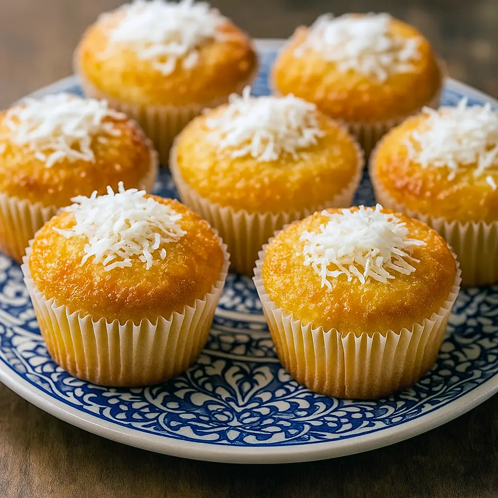 Close-up of a platter of golden coconut cakes with toasted coconut tops and tender centers — a must-try Coconut Recipe for bakers, ideal for collections of Coconut Dessert Recipes, and a sweet idea for Coconut Sweet Recipes.