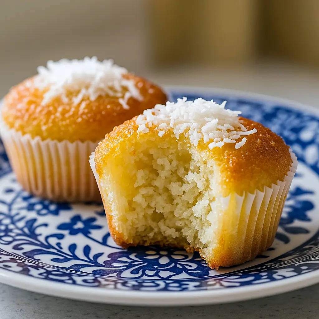 Close-up of a platter of golden coconut cakes with toasted coconut tops and tender centers — a must-try Coconut Recipe for bakers, ideal for collections of Coconut Dessert Recipes, and a sweet idea for Coconut Sweet Recipes.