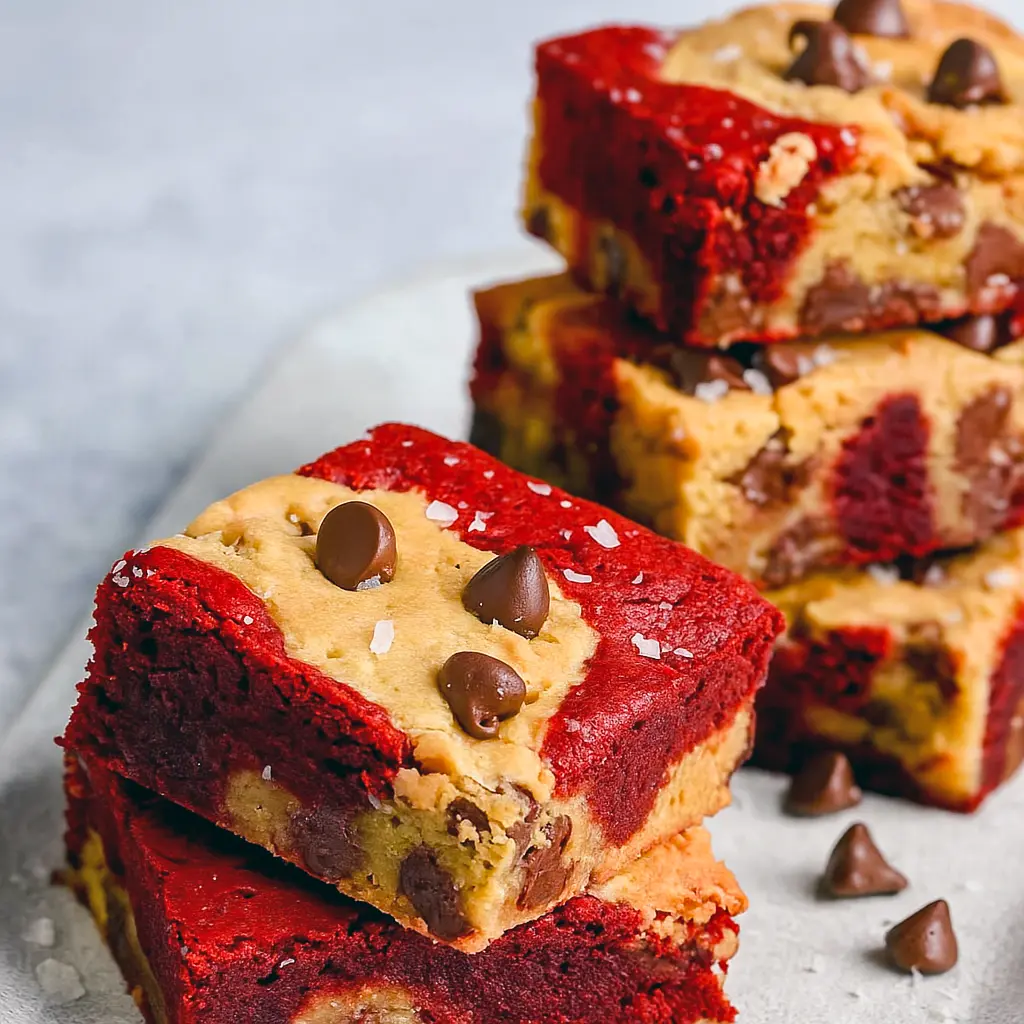 Close-up of a warm red-velvet brookie with a fudgy red center and chewy chocolate-chip cookie layer, sliced and sprinkled with flaky sea salt.