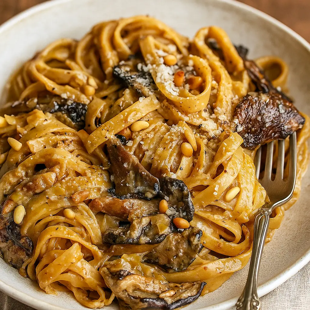 Bowl of creamy pasta with caramelized Leeks, mushrooms, and gruyère, topped with toasted pine nuts. A rich and comforting dish for cozy nights, perfect for Vegetarian Dishes, easy Veggie Recipes, and classic Pasta Dinner Recipes like Mac And Cheese, Tortellini, and even lighter meals such as Salad Pasta. A flavorful option for fans of Mushroom Recipes and Receitas Vegetarianas.