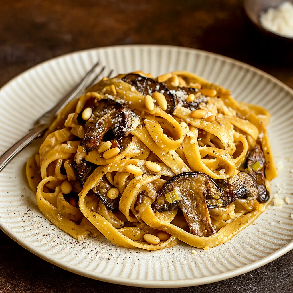 Bowl of creamy pasta with caramelized Leeks, mushrooms, and gruyère, topped with toasted pine nuts. A rich and comforting dish for cozy nights, perfect for Vegetarian Dishes, easy Veggie Recipes, and classic Pasta Dinner Recipes like Mac And Cheese, Tortellini, and even lighter meals such as Salad Pasta. A flavorful option for fans of Mushroom Recipes and Receitas Vegetarianas.