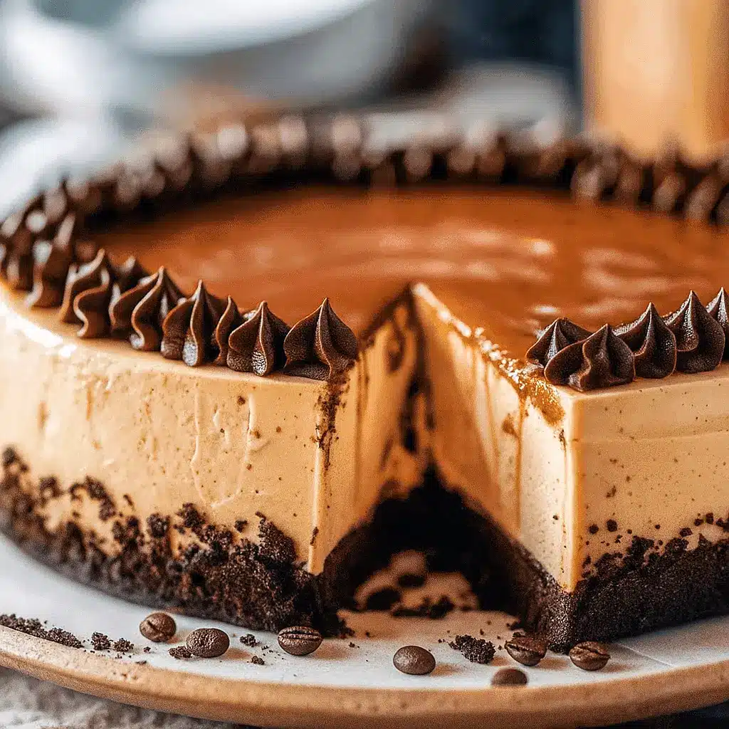 Slice of espresso cheesecake with chocolate ganache, whipped cream, and crushed espresso beans on a white plate.