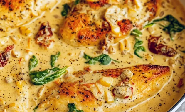 Golden seared Tuscan Chicken Breast smothered in a creamy Parmesan sauce with spinach and sun-dried tomatoes, perfect for Weekly Recipe Ideas or Healthy Saucy Chicken Recipes when you need quick comfort food.