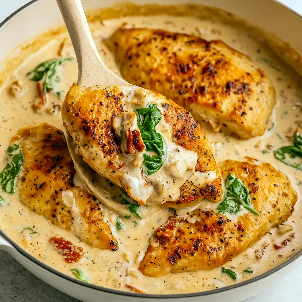 Golden seared Tuscan Chicken Breast smothered in a creamy Parmesan sauce with spinach and sun-dried tomatoes, perfect for Weekly Recipe Ideas or Healthy Saucy Chicken Recipes when you need quick comfort food.