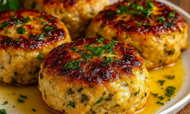 Sliced garlic Parmesan chicken meatloaf on a plate, garnished with chopped parsley, served alongside mashed potatoes and roasted green beans.