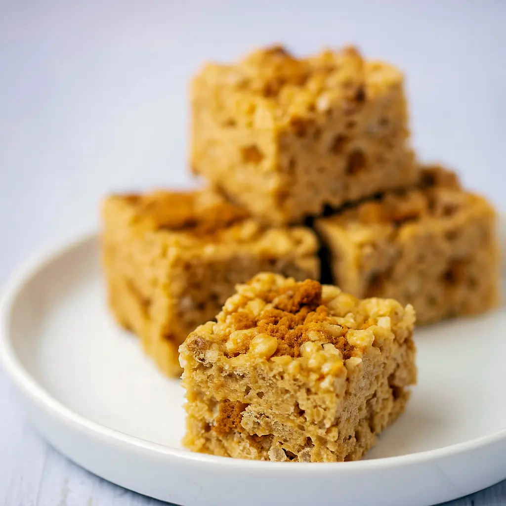 Stack of gooey Rice Krispie Treats made with cookie butter, crushed Biscoff cookies, and marshmallows — the ultimate Krispie Treats Recipe and one of the easiest Biscoff Recipes for chewy Cereal Treats and quick Easy Summer Desserts.
