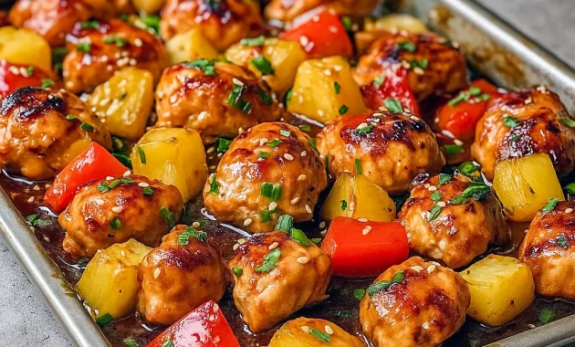 Overhead view of a colorful Hawaiian Chicken And Veggies dish with pineapple, peppers, and onions on a sheet pan — the perfect choice for Amazing Family Dinners and quick Hawain Chicken Sheet Pan meals. A vibrant Hawaiian Sheet Pan Dinner that works as a weeknight Hawaiian Chicken Bake, ideal for One Tray Meals and Natural Dinner Recipes. Great for easy Sheet Tray Dinners and simple Meals For 3.