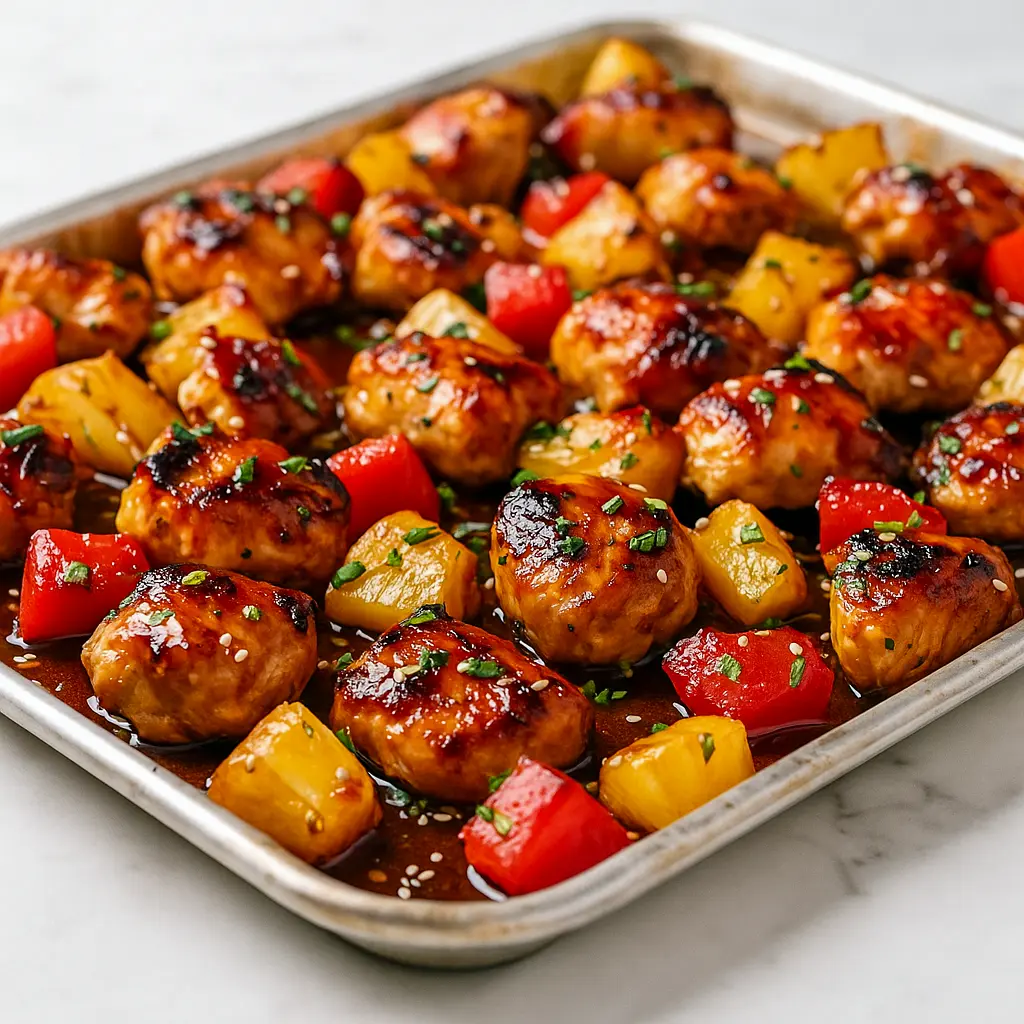 Overhead view of a colorful Hawaiian Chicken And Veggies dish with pineapple, peppers, and onions on a sheet pan — the perfect choice for Amazing Family Dinners and quick Hawain Chicken Sheet Pan meals. A vibrant Hawaiian Sheet Pan Dinner that works as a weeknight Hawaiian Chicken Bake, ideal for One Tray Meals and Natural Dinner Recipes. Great for easy Sheet Tray Dinners and simple Meals For 3.
