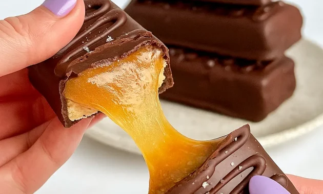 Close-up of gluten-free protein Twix bars: almond shortbread base, gooey nut-butter caramel, and glossy dark chocolate coating with a sprinkle of sea salt.