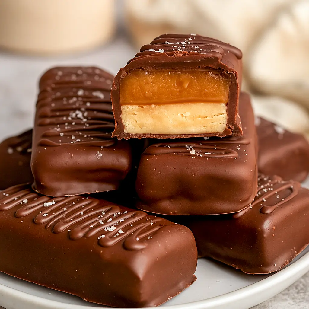 Close-up of gluten-free protein Twix bars: almond shortbread base, gooey nut-butter caramel, and glossy dark chocolate coating with a sprinkle of sea salt.