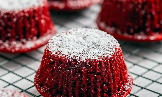 Overhead view of gooey Red Velvet Lava Cake cupcakes cut open to reveal melted chocolate center. Perfect Romantic Red Velvet Dessert for date nights, inspired by classic Lava Cake Recipes and Baked Dessert Recipes.