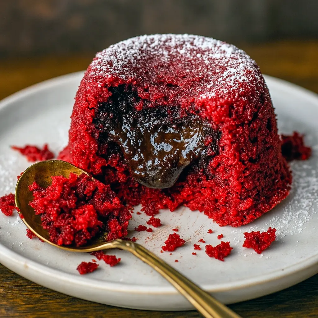 Overhead view of gooey Red Velvet Lava Cake cupcakes cut open to reveal melted chocolate center. Perfect Romantic Red Velvet Dessert for date nights, inspired by classic Lava Cake Recipes and Baked Dessert Recipes.