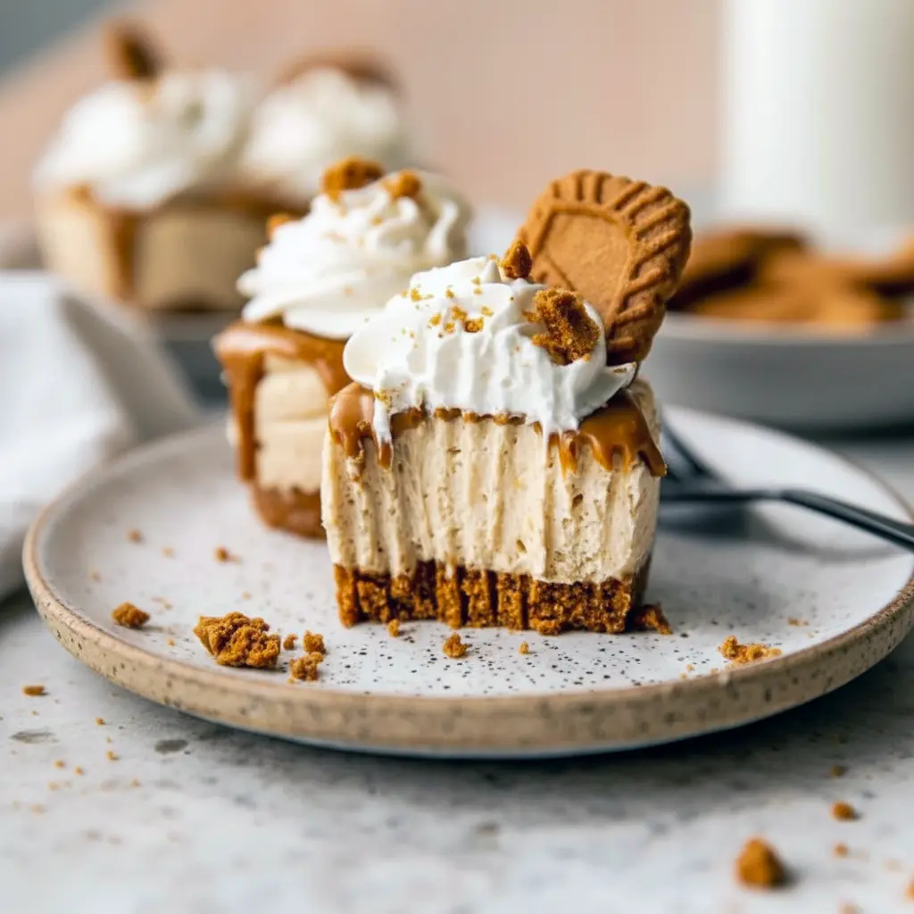 Close-up of creamy mini Biscoff cheesecakes with whipped cream and cookie topping, showcasing Mini Desserts No Bake, rich Biscoff filling, and buttery crust for a perfect no-bake treat.