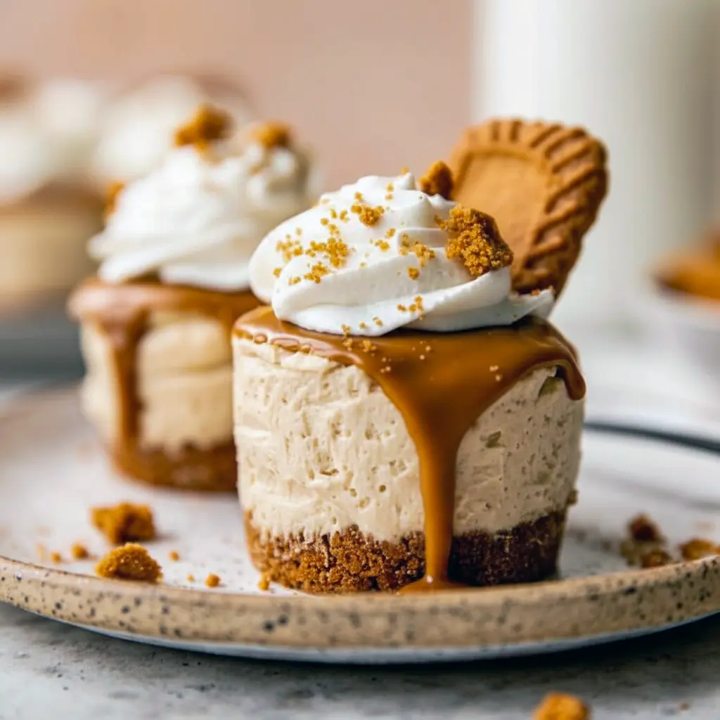 Close-up of creamy mini Biscoff cheesecakes with whipped cream and cookie topping, showcasing Mini Desserts No Bake, rich Biscoff filling, and buttery crust for a perfect no-bake treat.