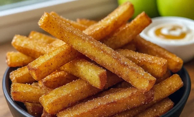 Golden, crispy Air Fryer Apple Fries served with caramel dip—perfect Kids Dinner Ideas Easy Picky Eaters, Baking Recipes For Parties, Random Snacks To Make, Fruit Snack Ideas For School, Diner Recipes Easy, Recipes To Try With Friends, Simple Snack Ideas Easy Recipes, Bake Good Ideas, and Air Fryer Party Snacks.