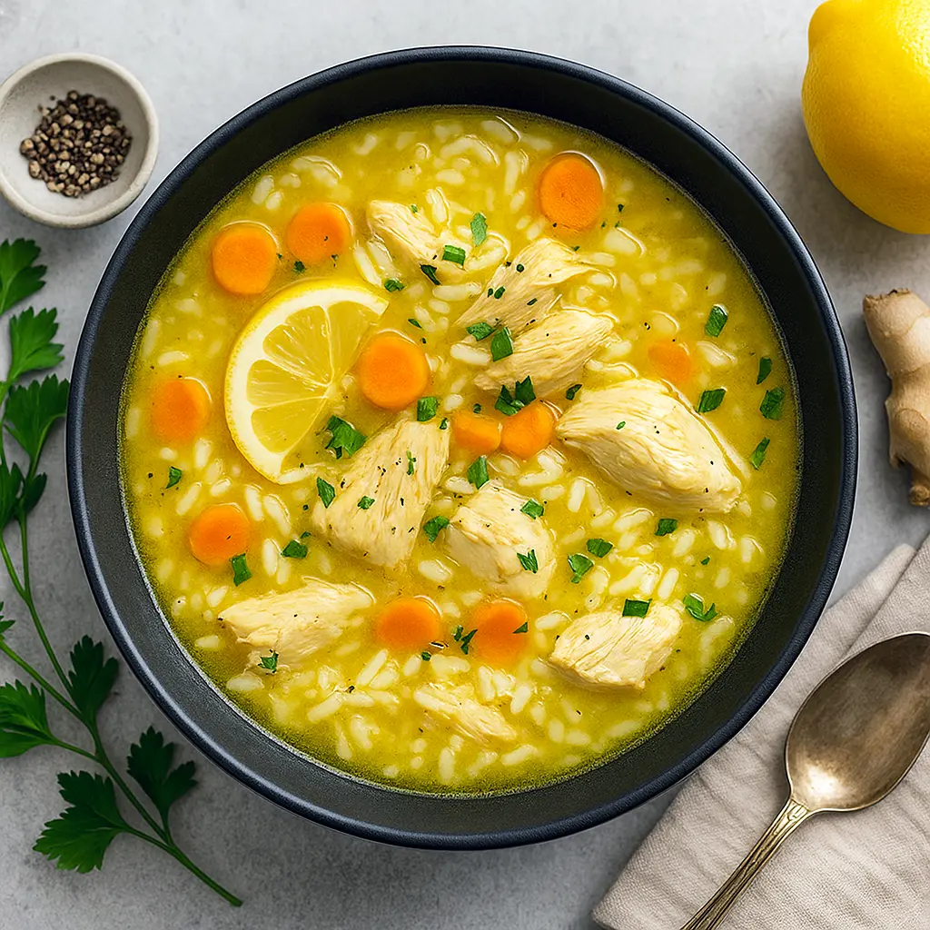 Golden bowl of Lemon Ginger Soup filled with shredded chicken, fluffy rice, and fresh herbs. This healthy soup is one of the best Tumeric Recipes Inflammation friendly meals — a soothing Immune Boosting Dinner packed with flavor. A comforting Ginger Chicken Rice Soup that highlights simple Turmeric Recipes Dinners, perfect for cozy nights, wellness cooking, and hearty Soup Recipes With Rice.