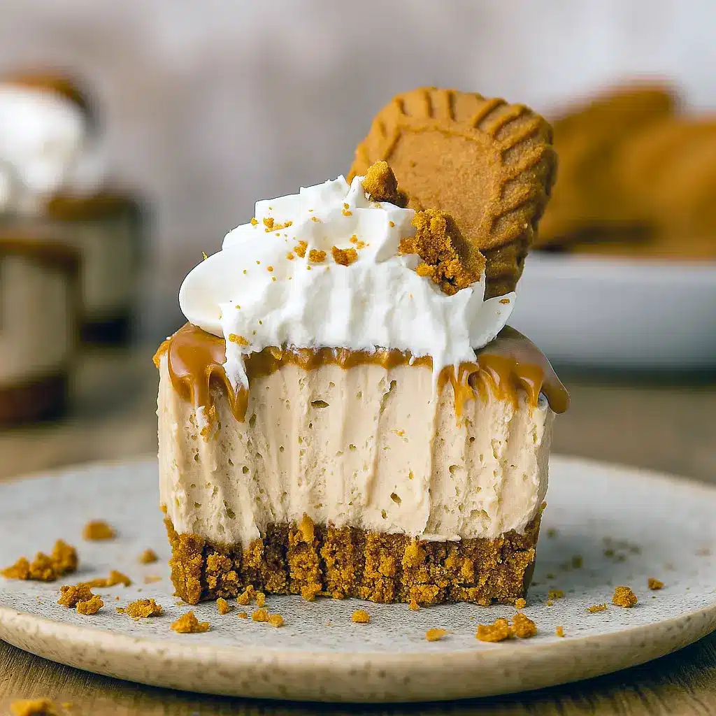 Six no-bake mini Biscoff cheesecakes on a serving plate — crunchy cookie crusts, creamy cookie-butter filling, drizzled Biscoff topping, garnished with whipped cream and cookie crumbs, Mini Cheesecake Recipes.