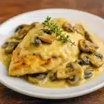 Close-up of a plated one-pan mushroom Asiago chicken with creamy sauce and thyme, a hearty option that can inspire Turkey Dishes swaps, lives in Chicken Recipes Casserole roundups, and ranks high on lists of go-to Chicken Dishes Recipes (and even adapts to Vegetarische Rezepte with mushrooms or halloumi).