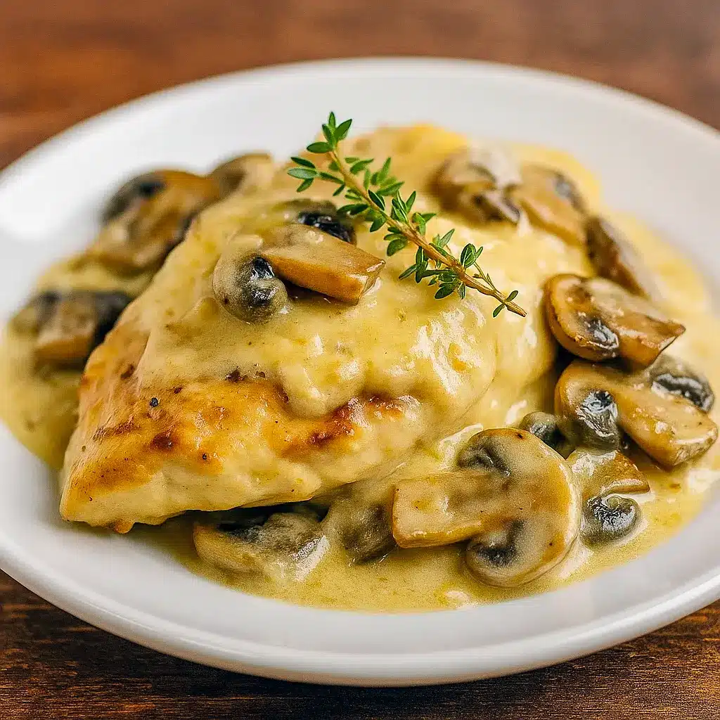 Close-up of a plated one-pan mushroom Asiago chicken with creamy sauce and thyme, a hearty option that can inspire Turkey Dishes swaps, lives in Chicken Recipes Casserole roundups, and ranks high on lists of go-to Chicken Dishes Recipes (and even adapts to Vegetarische Rezepte with mushrooms or halloumi).