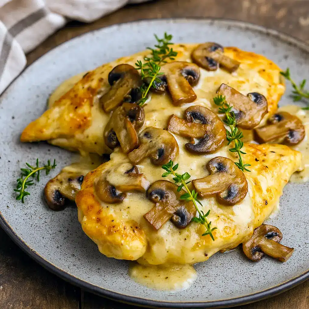 Close-up of a plated one-pan mushroom Asiago chicken with creamy sauce and thyme, a hearty option that can inspire Turkey Dishes swaps, lives in Chicken Recipes Casserole roundups, and ranks high on lists of go-to Chicken Dishes Recipes (and even adapts to Vegetarische Rezepte with mushrooms or halloumi).