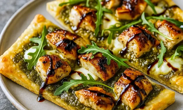 Close-up of a sliced pesto chicken flatbread with melted cheese, cherry tomatoes, and basil on a wooden board — perfect for Easy Summer Dinners High Protein, a go-to for Healthy Dinner Recipes Pesto, cozy enough for Cottage Dinners, and ideal in a Late Summer Dinner Recipes rotation.