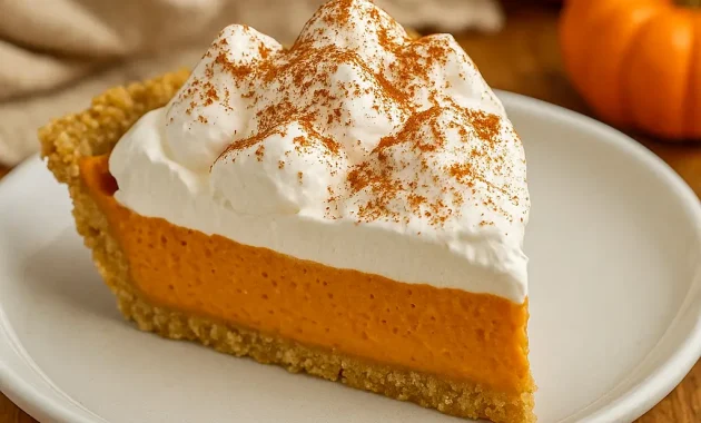 Slice of no-bake pumpkin pie with a creamy pumpkin-cream filling and fluffy marshmallow topping in a graham cracker crust, served on a white plate with a sprinkle of pumpkin spice.