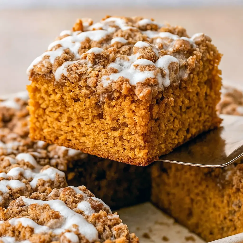 Overhead slice of pumpkin coffee cake with thick streusel topping and drizzle of glaze on a white plate.