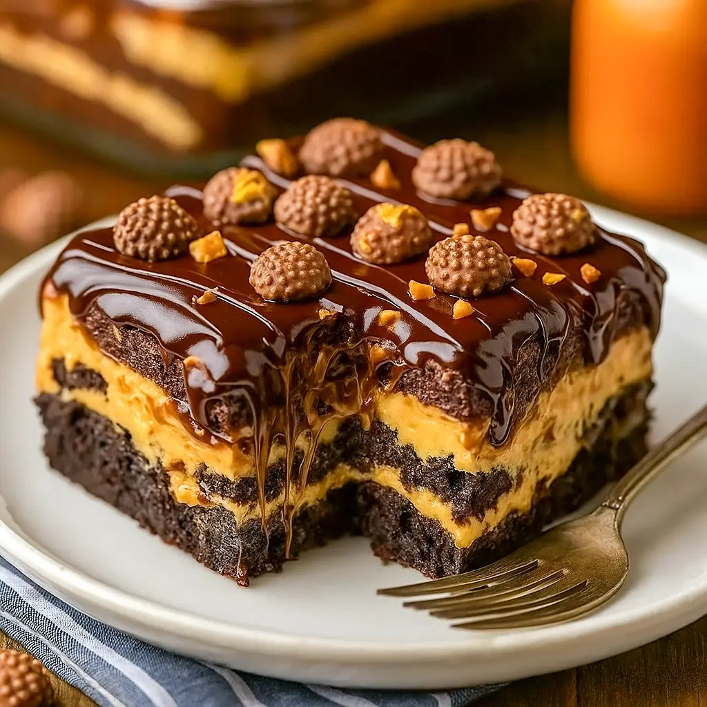 Slice of Reese's Peanut Butter Cake showing gooey chocolate and peanut butter layers, topped with chopped Reese’s cups, perfect for Dessert Ideas Peanut Butter and Easy Desserts With Peanut Butter.