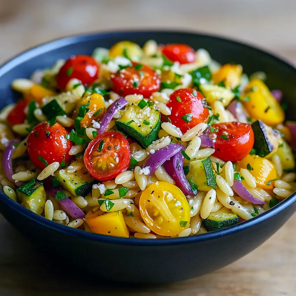 A bowl of colorful orzo pasta mixed with roasted zucchini, bell peppers, onions, and cherry tomatoes, garnished with fresh herbs and feta — the perfect Roast Vegetable Dinner and Healthy Vegetable Main Dish Recipes for a quick, vibrant weeknight meal.