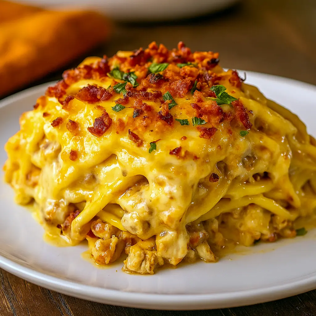 A bubbling Southern Chicken Spaghetti Bake topped with melted cheddar cheese and garnished with green onions, perfect for Easy Kid Approved Dinners, 90s Dinner Recipes, Simple Fast Dinner Ideas, Easy Meals To Feed A Crowd, Creamy Chicken Spaghetti, Cheap Chicken Dinners, Fall Casserole Recipes For Dinner, and Cheap Meals For A Crowd.