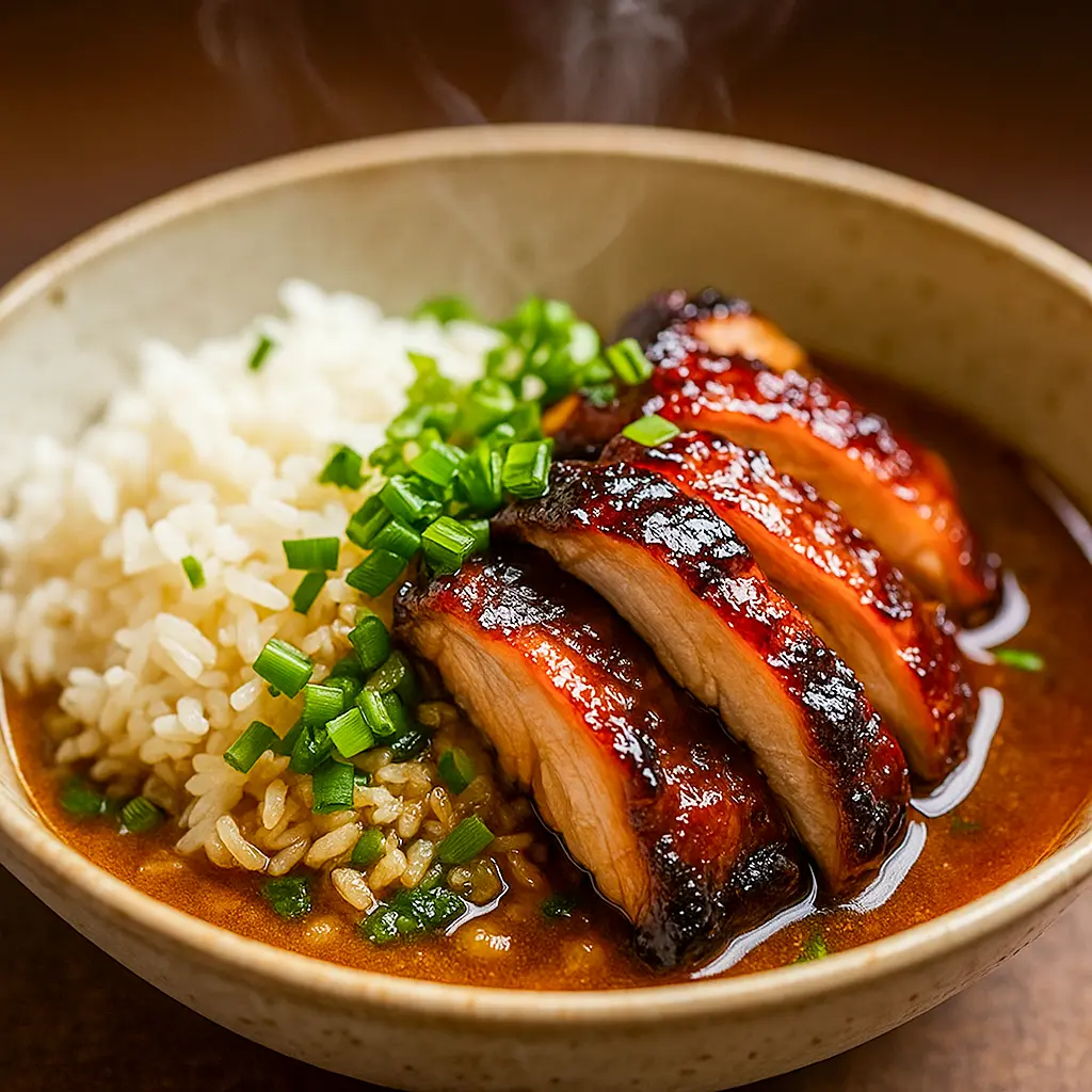Bowl of tender Soy Chicken served over fluffy rice in a garlic ginger broth, topped with fresh herbs – the perfect cozy comfort meal for lovers of Asian Dishes and quick Chicken Dinner Recipes.